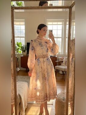 Elegant Floral Midi Dress in Blush and Lavender